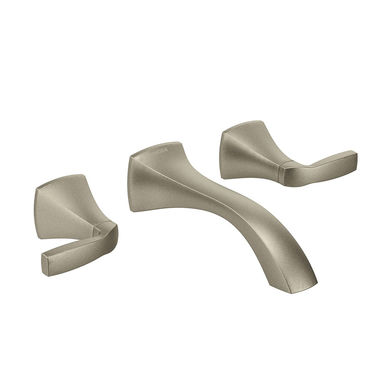 Click here to see Moen T6906BN Moen Voss Two-Handle Wall-Mount Brushed Nickel Bathroom Faucet, 7-3/8 inches Spout, 1.2 GPM, 60 PSI, WaterSense, ADA, Lever Handles, Three-Holes - T6906BN