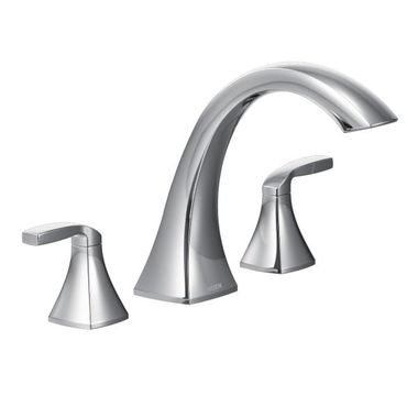 Click here to see Moen T693 Moen Voss Two-Handle Deck-Mount Roman Tub Faucet Trim, 3-Hole, High-Arc Spout, Lever Handles, ADA, Chrome - T693