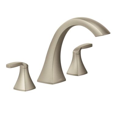Click here to see Moen T693BN Moen Voss Two-Handle Deck-Mount Roman Tub Faucet Trim, 3-Hole, High-Arc Spout, Lever Handles, ADA, Brushed Nickel - T693BN