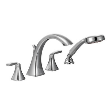 Click here to see Moen T694 Moen Voss Two-Handle Deck-Mount Roman Tub Faucet Trim with 1.75 GPM Hand Shower, 4-Hole, High-Arc Spout, Lever Handles, ADA, Chrome - T694