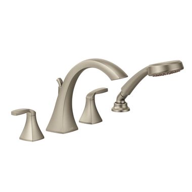 Click here to see Moen T694BN Moen Voss Two-Handle Deck-Mount Roman Tub Faucet Trim with 1.75 GPM Hand Shower, 4-Hole, High-Arc Spout, Lever Handles, ADA, Brushed Nickel - T694BN