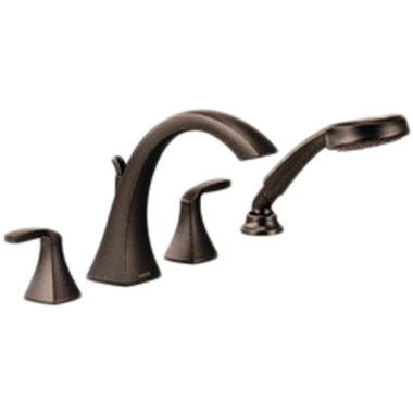 Click here to see Moen T694ORB Moen Voss Two-Handle Deck-Mount Roman Tub Faucet Trim with 1.75 GPM Hand Shower, 4-Hole, High-Arc Spout, Lever Handles, ADA, Oil Rubbed Bronze - T694ORB