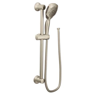 Click here to see Moen S3870EPBN Moen Twist 3in Four-Function Hand Shower with 30in Slide Bar, Round, Eco-Performance, 1.75 GPM, WaterSense, Brushed Nickel - S3870EPBN