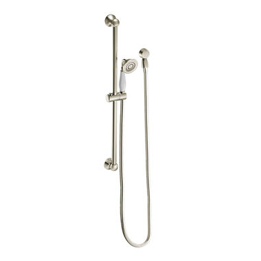 Click here to see Moen S12107EPNL Moen Weymouth Single-Function Handheld Shower with 30in Slide Bar, Eco-Performance, 1.75 GPM, WaterSense, Polished Nickel - S12107EPNL