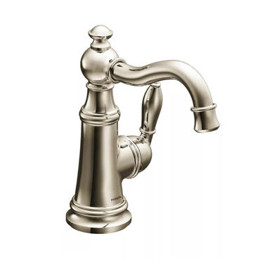 Click here to see Moen S42107NL Moen Weymouth One-Handle High Arc Polished Nickel Bathroom Faucet with Metal Pop-Up Drain, WaterSense Certified, ADA Lever Handle - S42107NL