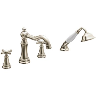 Click here to see Moen TS21102NL Moen Weymouth Two-Handle Roman Tub Faucet Trim with Diverter and 1.75 GPM One-Function Hand Shower, Cross Handles, Polished Nickel - TS21102NL