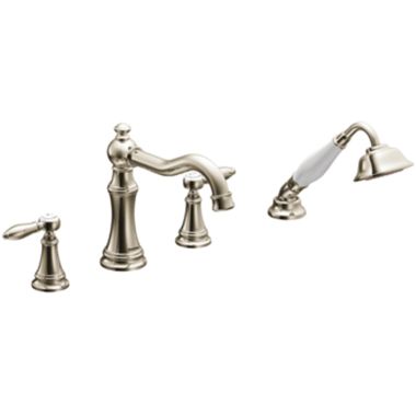 Click here to see Moen TS21104NL Moen Weymouth Two-Handle Roman Tub Faucet Trim with Diverter and 1.75 GPM One-Function Hand Shower, Lever Handles, Polished Nickel - TS21104NL