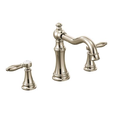 Click here to see Moen TS22103NL Moen Weymouth Two-Handle Deck-Mount Roman Tub Faucet Trim, 3-Hole, Hook Spout, Lever Handles, ADA, Polished Nickel - TS22103NL