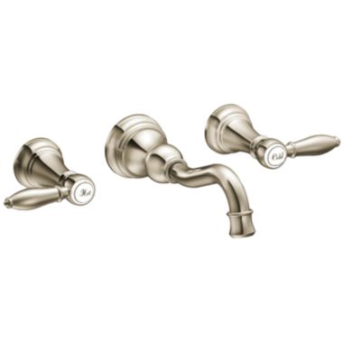 Click here to see Moen TS42106NL Moen Weymouth Wall-Mount Widespread Polished Nickel Bathroom Faucet with Lever Handles, 1.2 GPM, 60 PSI, WaterSense, Two-Handles - TS42106NL