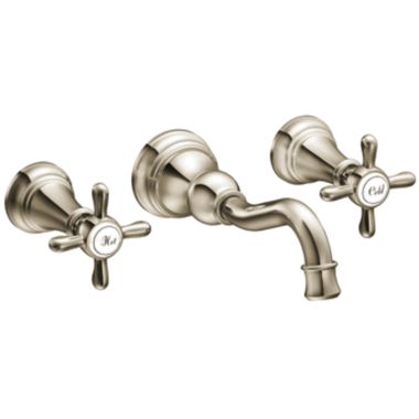 Click here to see Moen TS42112NL Moen Weymouth Wall-Mount Widespread Polished Nickel Bathroom Faucet with Cross Handles, 1.2 GPM, 60 PSI, WaterSense, Two-Handles - TS42112NL