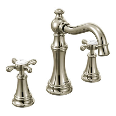 Click here to see Moen TS42114NL Moen Weymouth Two-Handle High Arc Widespread Polished Nickel Bathroom Faucet, Cross Handles, 1.2 GPM, 60 PSI, WaterSense, Three-Holes - TS42114NL