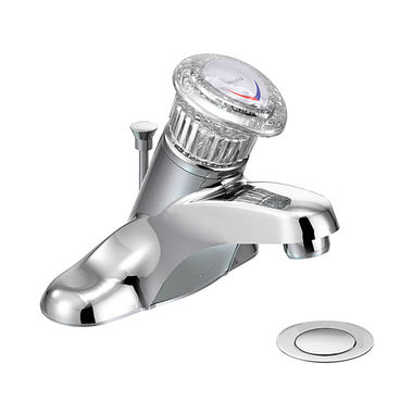 Click here to see Moen 64621 Moen Chateau Single-Handle Low Arc Chrome Centerset Bathroom Faucet with 50/50 Pop-Up, 1.2 GPM, Acrylic Knob Handle, WaterSense, Metal - 64621