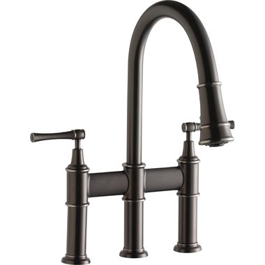 Click here to see Elkay LKEC2037AS Elkay Explore Three Hole Bridge Pull-Down Kitchen Faucet, Lever Handles, Antique Steel - LKEC2037AS