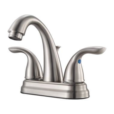 Click here to see Pfister G148-700K Pfister Pfirst Two-Handle High-Arc Brushed Nickel Centerset Bathroom Faucet with Metal Pop-Up, Lever Handles, 1.5 GPM, Three-Hole - G148-700K 