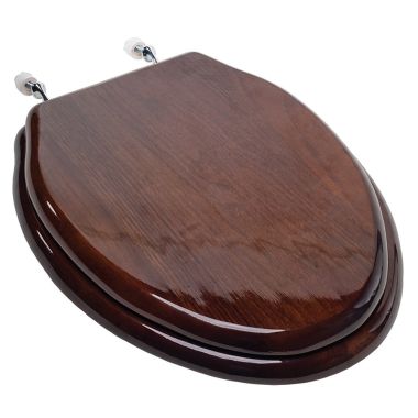 Click here to see Jones Stephens C2B1E18CH Jones Stephens C2B1E18CH Designer Wood Seat w/ Piano Finish in Dark Brown, Chrome Hinge, Elongated Closed Front w/ Cover