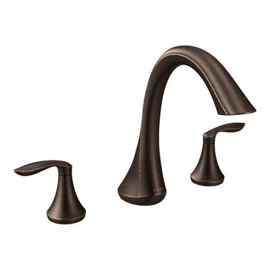 Click here to see Moen T943ORB Moen Eva Two-Handle Deck-Mount Roman Tub Faucet Trim, 3-Hole, High-Arc Spout, Lever Handles, ADA, Oil Rubbed Bronze - T943ORB