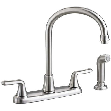 Click here to see American Standard 4275.551.075 American Standard Colony Soft Two-Handle Kitchen Faucet w/ Handspray, Gooseneck Spout, Lever Handles, Stainless Steel - 4275.551.075