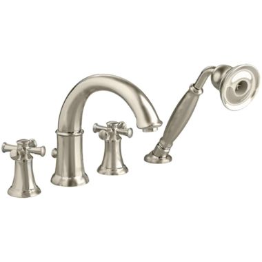 Click here to see American Standard 7420.921.295 American Standard Portsmouth Deck Mounted Two-Handle Brushed Nickel Tub Filler with Hand Shower, Cross Handles - 7420.921.295