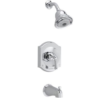 Click here to see American Standard T415.502.002 American Standard Portsmouth 2.0 GPM Polished Chrome Tub and Shower Trim Kit with FloWise Showerhead, Single Metal Lever Handle, Three-Function Showerhead - T415.502.002