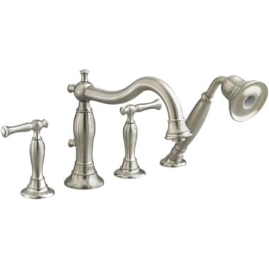 Click here to see American Standard 7440.900.295 American Standard Quentin Deck-Mount Brushed Nickel Tub Filler, Metal Lever Handles, Less Personal Shower, Drip-Free - 7440.900.295