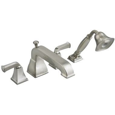 Click here to see American Standard 2555.921.295 American Standard Town Square Two-Handle Deck-Mount Satin Nickel Tub Filler with Hand Shower, Metal Lever Handles, ADA Compliant - 2555.921.295