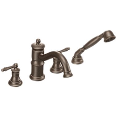 Click here to see Moen TS213ORB Moen Waterhill Two-Handle Deck-Mount Roman Tub Faucet Trim with 2.0 GPM Hand Shower, 4-Hole, Lever Handles, Oil Rubbed Bronze - TS213ORB