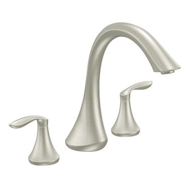 Click here to see Moen T943BN Moen Eva Two-Handle Deck-Mount Roman Tub Faucet Trim, 3-Hole, High-Arc Spout, Lever Handles, ADA, Brushed Nickel - T943BN