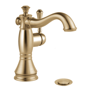 Click here to see Delta 597LF-CZMPU Delta Cassidy Hook Spout Deck-Mount Champagne Bronze Lavatory Faucet with Red/Blue Indicators, Metal Pop-Up, 1.2 GPM, Single-Handle, Lever Handle - 597LF-CZMPU