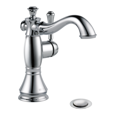 Click here to see Delta 597LF-MPU Delta Cassidy Hook Spout Deck-Mount Chrome Lavatory Faucet with Red/Blue Indicators, Metal Pop-Up, 1.2 GPM, Single-Handle, Lever Handle - 597LF-MPU