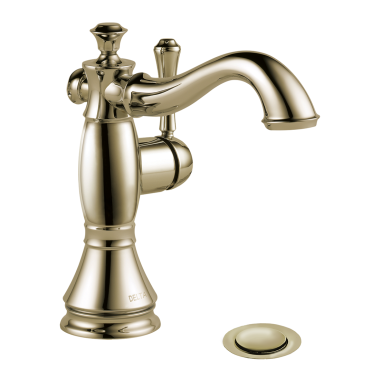 Click here to see Delta 597LF-PNMPU Delta Cassidy Hook Spout Deck-Mount Polished Nickel Lavatory Faucet with Red/Blue Indicators, Metal Pop-Up, 1.2 GPM, Single-Handle, Lever Handle - 597LF-PNMPU