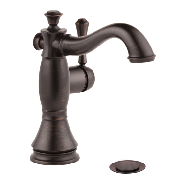 Click here to see Delta 597LF-RBMPU Delta Cassidy Hook Spout Deck-Mount Venetian Bronze Lavatory Faucet with Red/Blue Indicators, Metal Pop-Up, 1.2 GPM, Single-Handle, Lever Handle - 597LF-RBMPU