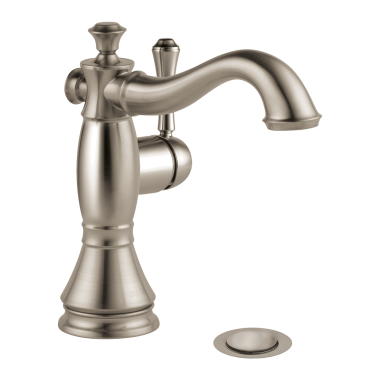 Click here to see Delta 597LF-SSMPU Delta Cassidy Hook Spout Deck-Mount Stainless Lavatory Faucet with Red/Blue Indicators, Metal Pop-Up, 1.2 GPM, Single-Handle, Lever Handle - 597LF-SSMPU