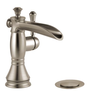 Click here to see Delta 598LF-SSMPU Delta Cassidy Channel Spout Deck-Mount Stainless Lavatory Faucet, Metal Pop-Up, 1.2 GPM, Single-Handle, Lever Handle - 598LF-SSMPU