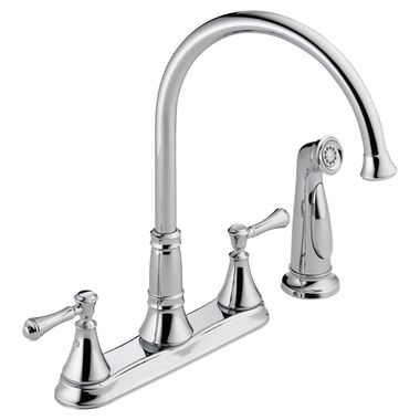 Click here to see Delta 2497LF Delta Cassidy Two-Handle High-Arc Deck-Mount Chrome Kitchen Faucet with Side Spray, 1.8 GPM, Lever Handle, ADA, No-Lead Compliant - 2497LF