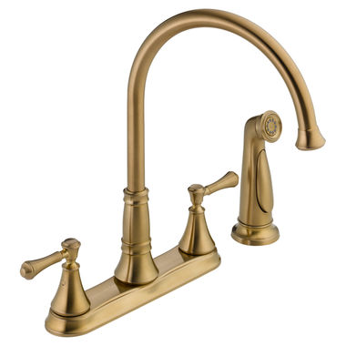 Click here to see Delta 2497LF-CZ Delta Cassidy Two-Handle High-Arc Deck-Mount Champagne Bronze Kitchen Faucet with Side Spray, 1.8 GPM, Lever Handle, ADA, No-Lead Compliant - 2497LF-CZ