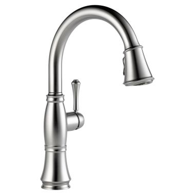 Click here to see Delta 9197-AR-DST Delta 9197-AR-DST Cassidy One Handle Pull-Down Kitchen Faucet w/ ShieldSpray - Arctic Stainless