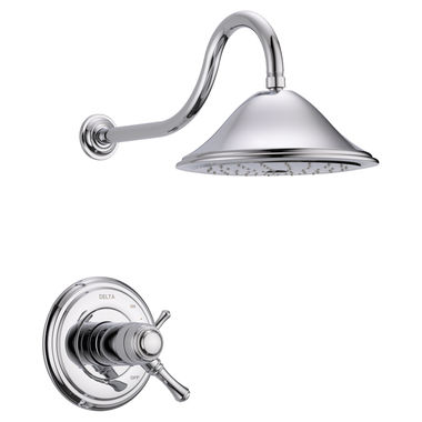 Click here to see Delta T17T297 Delta Cassidy TempAssure 17T Series Two-Handle Shower Faucet with Single-Setting Rain Showerhead, 2.5 GPM, Lever Handles, Chrome - T17T297