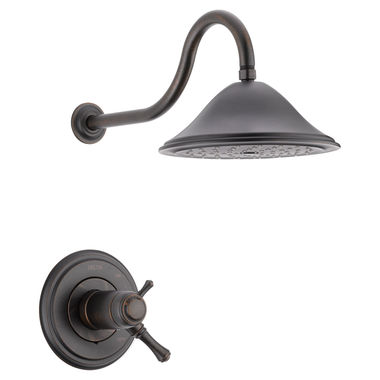 Click here to see Delta T17T297-RB Delta Cassidy TempAssure 17T Series Two-Handle Shower Faucet with Single-Setting Rain Showerhead, 2.5 GPM, Lever Handles, Venetian Bronze - T17T297-RB