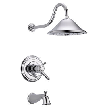Click here to see Delta T17T497 Delta Cassidy TempAssure 17T Series Two-Handle Tub/Shower Faucet with Single-Setting Rain Showerhead, 2.5 GPM, Lever Handles, Chrome - T17T497