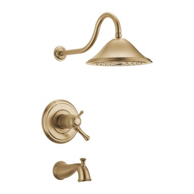 Click here to see Delta T17T497-CZ Delta Cassidy TempAssure 17T Series Two-Handle Tub/Shower Faucet with Single-Setting Rain Showerhead, 2.5 GPM, Lever Handles, Champagne Bronze - T17T497-CZ