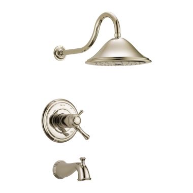 Click here to see Delta T17T497-PN Delta Cassidy TempAssure 17T Series Two-Handle Tub/Shower Faucet with Single-Setting Rain Showerhead, 2.5 GPM, Lever Handles, Polished Nickel - T17T497-PN