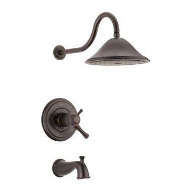 Click here to see Delta T17T497-RB Delta Cassidy TempAssure 17T Series Two-Handle Tub/Shower Faucet with Single-Setting Rain Showerhead, 2.5 GPM, Lever Handles, Venetian Bronze - T17T497-RB