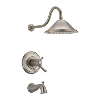 Click here to see Delta T17T497-SS Delta Cassidy TempAssure 17T Series Two-Handle Tub/Shower Faucet with Single-Setting Rain Showerhead, 2.5 GPM, Lever Handles, Stainless - T17T497-SS