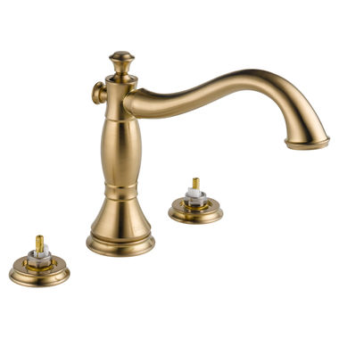 Click here to see Delta T2797-CZLHP Delta Cassidy Two-Handle Roman Tub Faucet Trim, Hook Spout, Less Handles, Champagne Bronze - T2797-CZLHP