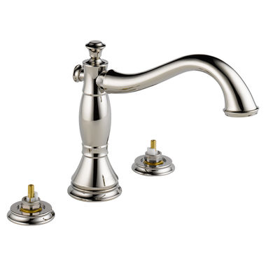Click here to see Delta T2797-PNLHP Delta Cassidy Two-Handle Roman Tub Faucet Trim, Hook Spout, Less Handles, Polished Nickel - T2797-PNLHP