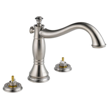 Click here to see Delta T2797-SSLHP Delta Cassidy Two-Handle Roman Tub Faucet Trim, Hook Spout, Less Handles, Stainless - T2797-SSLHP