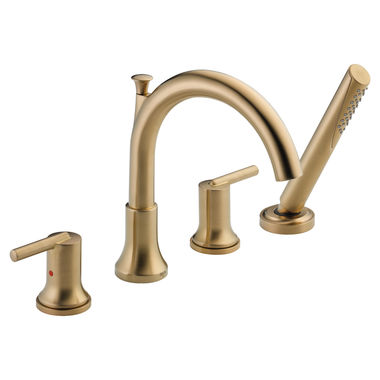 Click here to see Delta T4759-CZ Delta Trinsic Two-Handle Roman Tub Faucet Trim with 1.75 GPM Single-Setting Hand Shower, Touch-Clean, High Arc Spout, Lever Handles, Champagne Bronze - T4759-CZ