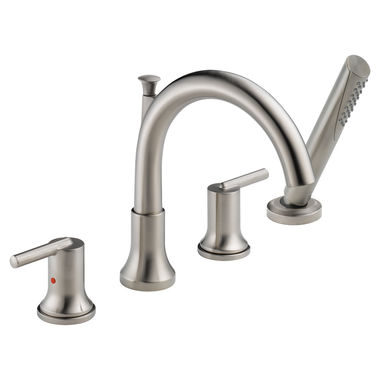 Click here to see Delta T4759-SS Delta Trinsic Two-Handle Roman Tub Faucet Trim with 1.75 GPM Single-Setting Hand Shower, Touch-Clean, High Arc Spout, Lever Handles, Stainless  - T4759-SS
