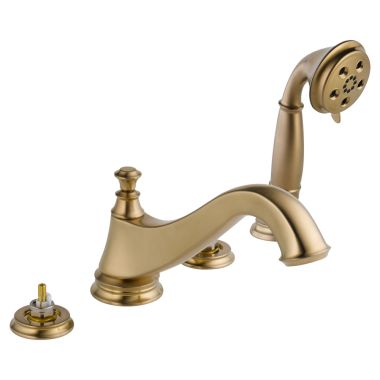 Click here to see Delta T4795-CZLHP Delta T4795-CZLHP Cassidy Roman Tub Faucet Trim w/ Hand Shower, Low Arc Spout, No Handles, Champagne Bronze