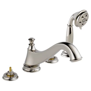 Click here to see Delta T4795-PNLHP Delta T4795-PNLHP Cassidy Roman Tub Faucet Trim w/ Hand Shower, Low Arc Spout, No Handles, Polished Nickel